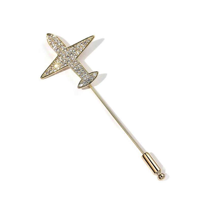 Elegant Korean-Style Vintage Brooch: Copper with Zirconia Inlay, Shell Pearl, Airplane Design