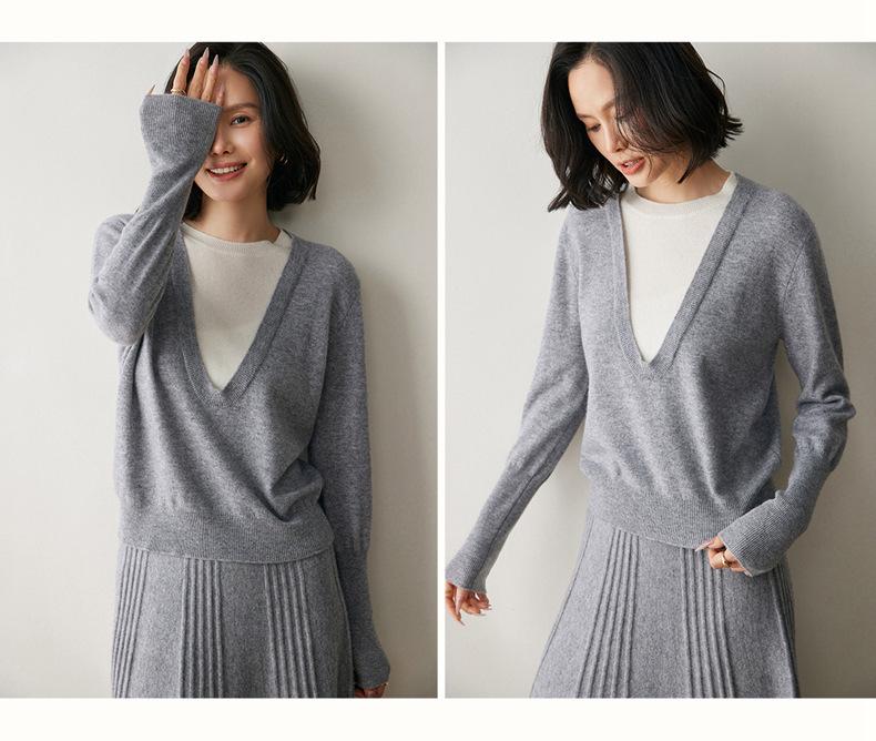 Round Neck Color Block Knit Cashmere Sweater - Loose Slimming Long Sleeve Fake Two-Piece for Autumn/Winter Women
