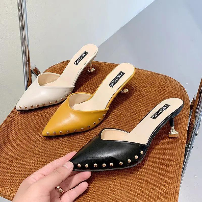 Fashion Job Sandals Slides Outside Heeled Shoes for Women Pointed Toe Off White Woman Slippers Mules Easy Wears Unique 39 Vip Original Y