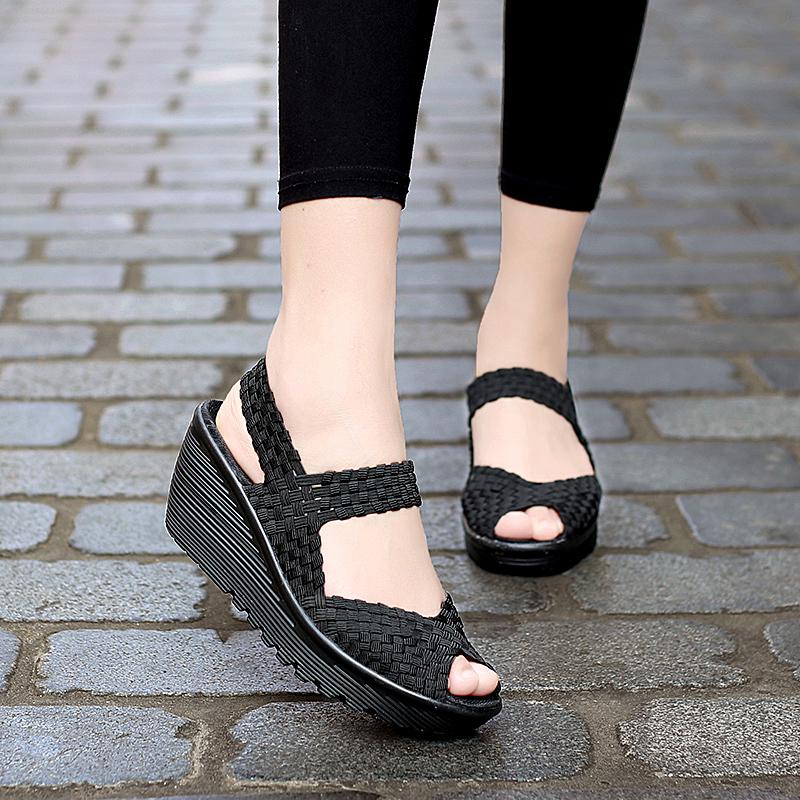 

Женские летние пляжные сандалии с оплеткой, увеличивающие рост, женские уличные сандалии без шнуровки на толстой подошве и платформе с открытым носком 42