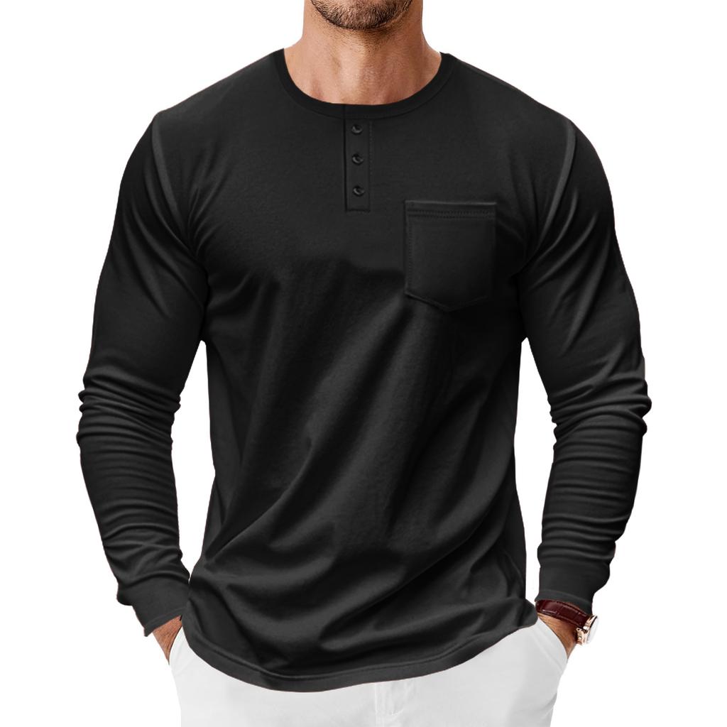 Mens Long Sleeve Henley Shirt Loose Fit Pocket Tee For Spring Autumn