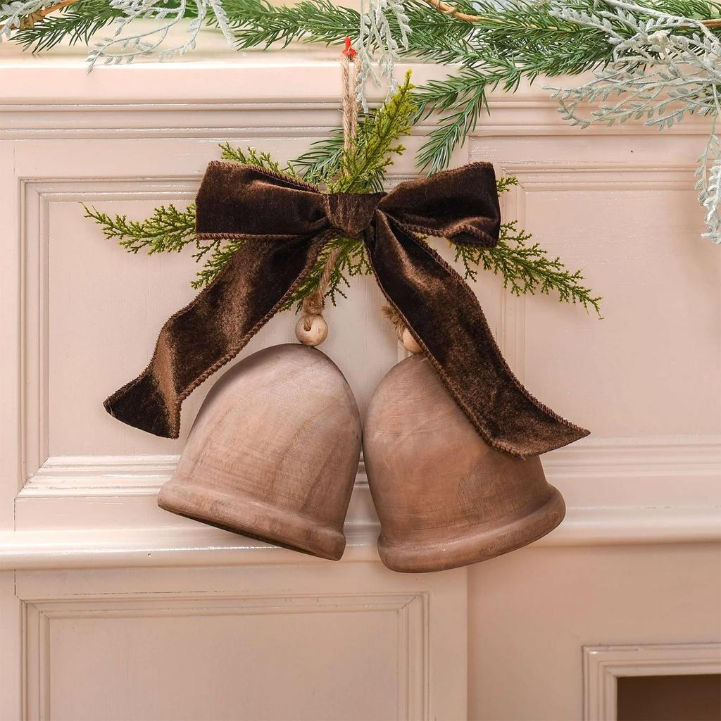 Wooden Bells With Bow Hanging Christmas Decoration, Brown