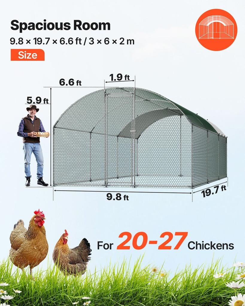 Metal Chicken Coop, 9.8x19.3x6.5 Ft Large Walk-in Chicken Runs with Cover, Doom Roof Hen House Enclosure with Security Lock, Outdoor Duck Rabbit Cage