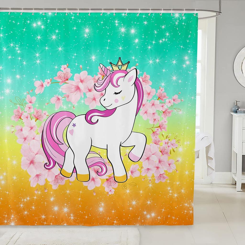 Gradient Purple Shower Curtain, Rainbow Unicorn Bath  Glitter Stars, Waterproof Curtains, Dreaming Cartoon Bathroom Deco