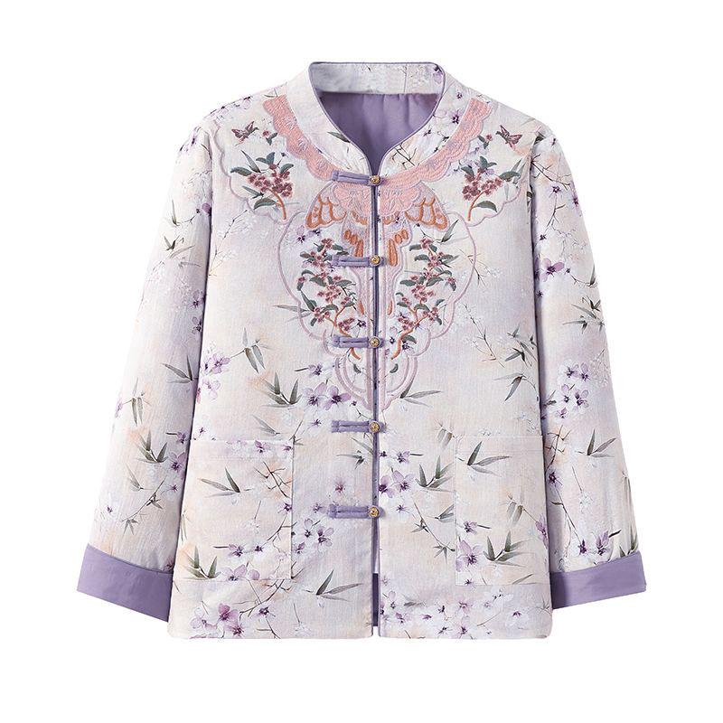 Mom's New Chinese Style Quilted Jacket with Frog Button & Embroidery for Middle-Aged and Elderly Women - Autumn/Winter