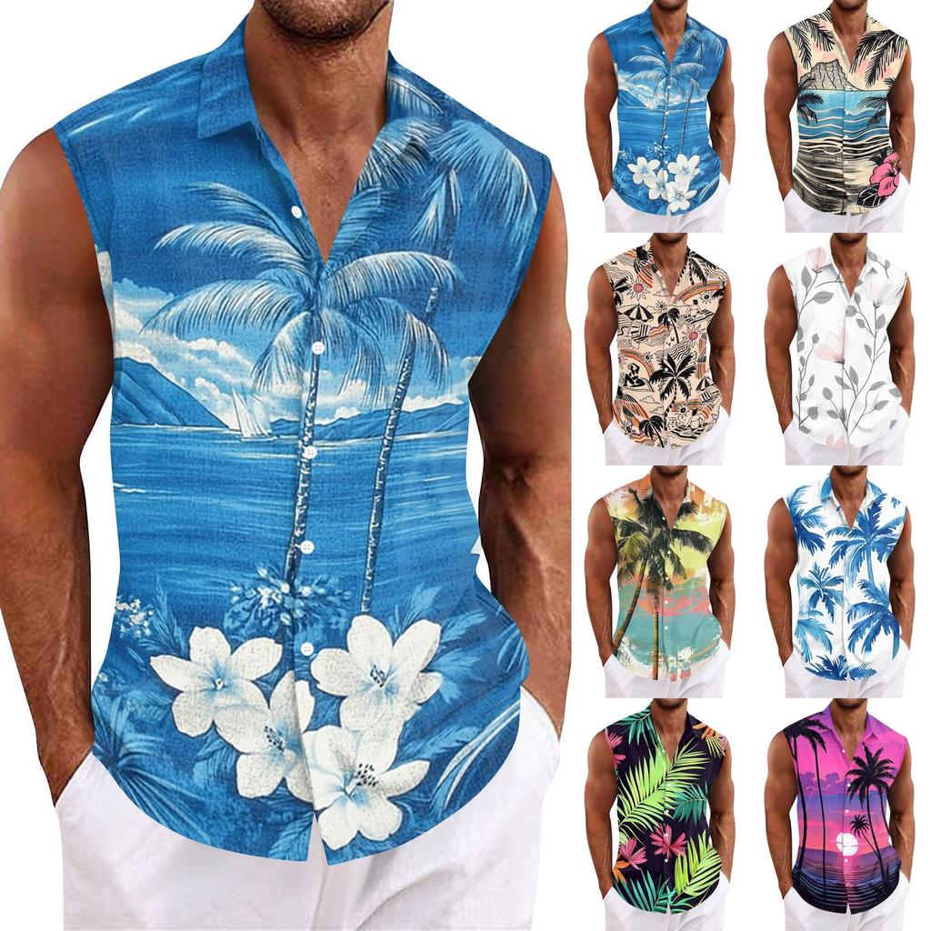 Men Tank Tops Sleeveless Shirts for Men with Button Down Collar and Tropical Print Men’s Tank Tops Men’s Tank Shirts
