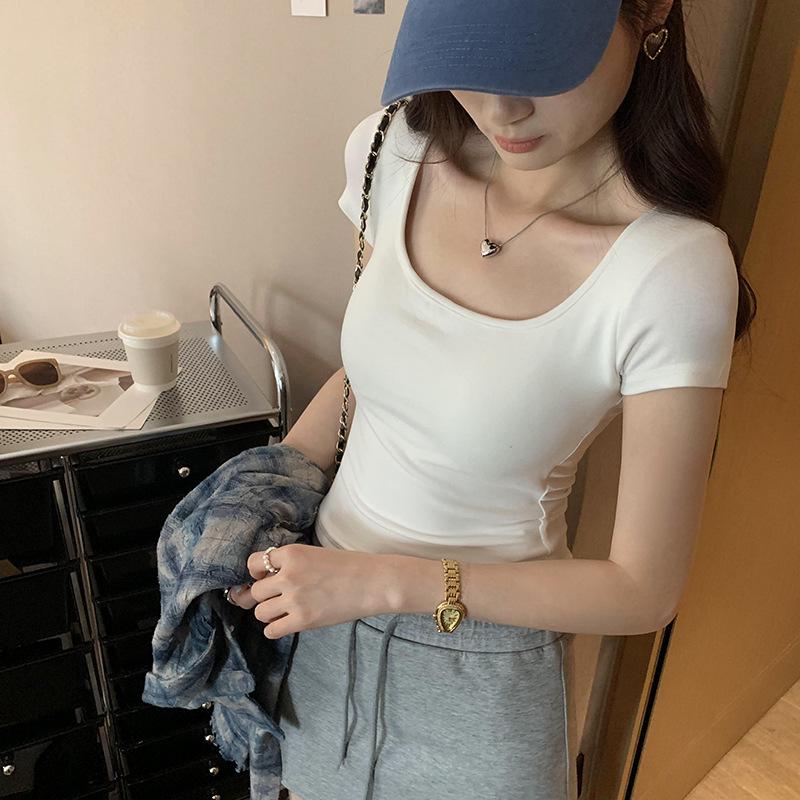 

Spicy Girl Sexy Square Neck Short Sleeve Top with Chest Pad - Summer 2026 Style Large білий