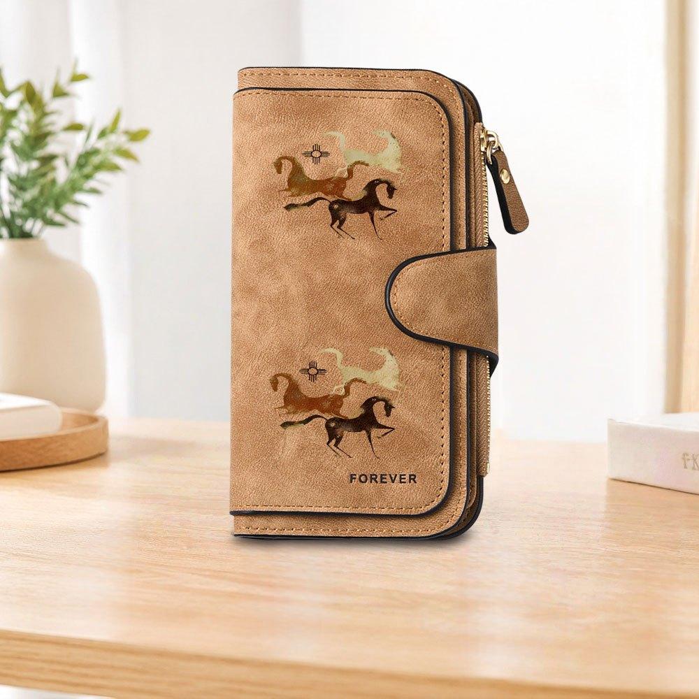 Three-color horse pattern long zipper wallet, large-capacity card holder, unisex clutch bag, stylish zippered coin purse, suitable for daily use, a