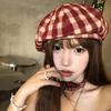 Korean Retro Plaid Beret Hat For Women Y2K Contrast Color Checked Beanie Cap Summer Travel Versatile Face Slimming Hat