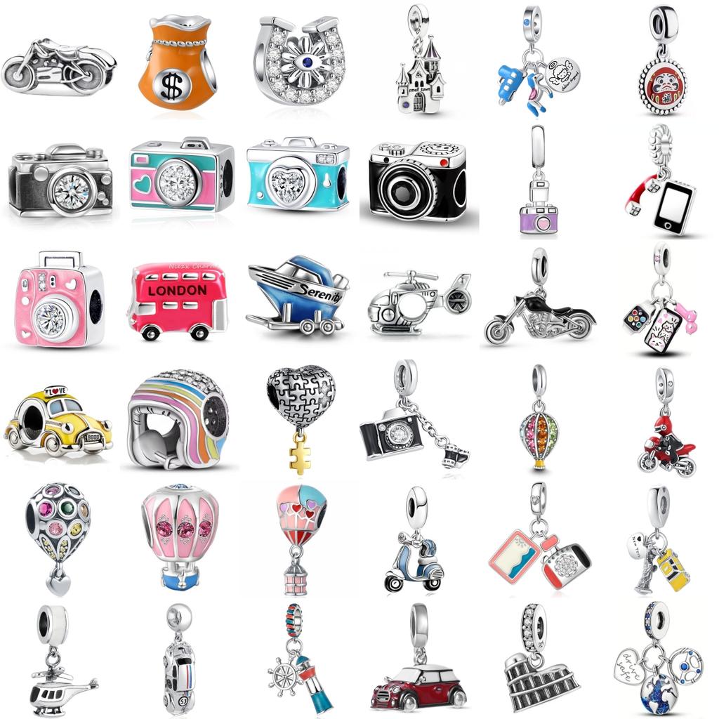 New 925 Silver Charm Bracelet Women Jewelry Travel Series Camera Air Balloon Motorcycle Accessories