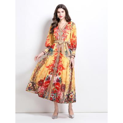 Spring Summer Women V-neck Vintage Print Chiffon Single Breasted Long Maxi Holiday Beach Dresses