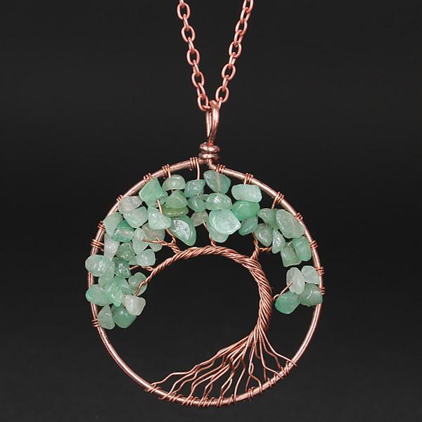 Hand-Wound Natural Stone Crystal Ancient Red Copper Curved Tree Of Life Curved Tree Necklace N01