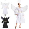 Dame Engel Cosplay Kostyme Langermet Gullkant Engelkjole Kappe Fjærvinger Hodeplagg Sett