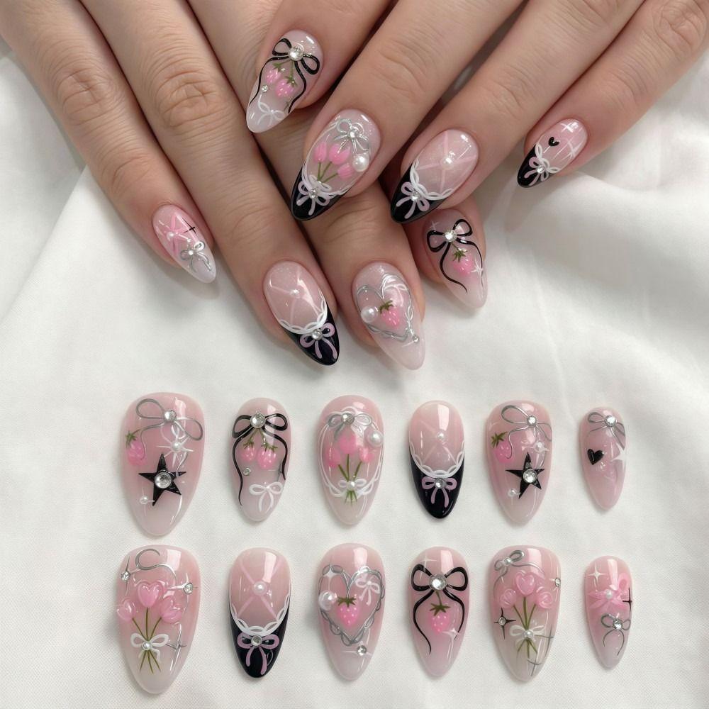 30 Tablets/Box Almond-shaped Press-on Nails Bow Design Artificial Nail Tips Women and Girls
