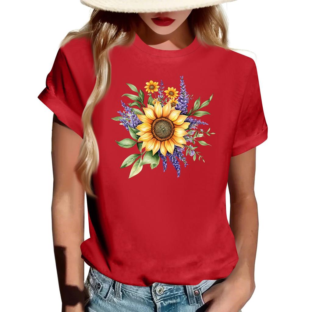Women's Fashionable Round Neck Casual Retro Print Short Sleeved T-shirt Top