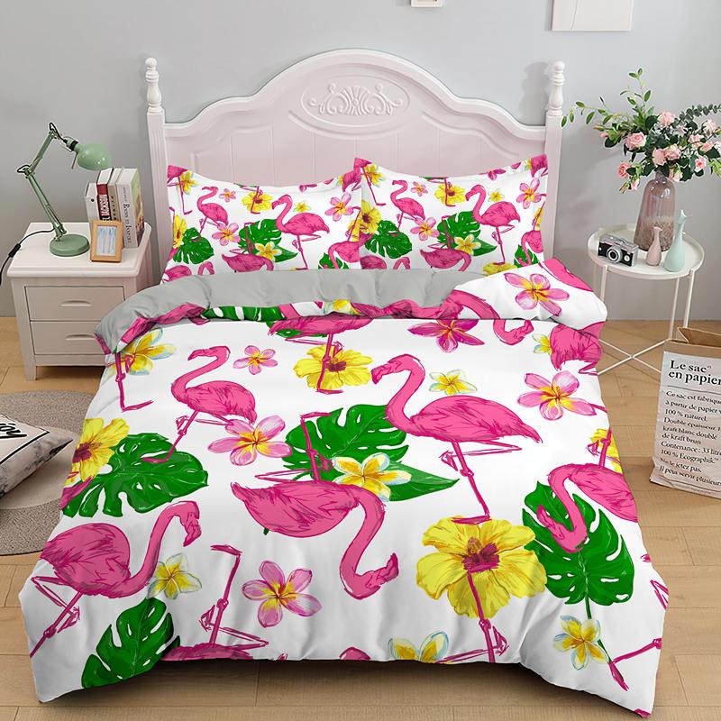 3D Flamingo Printed Bedding Set King Queen Size Cartoon Pink Animals Duvet Cover With Pillowcases 2/3pcs Polyester Quilt Cover