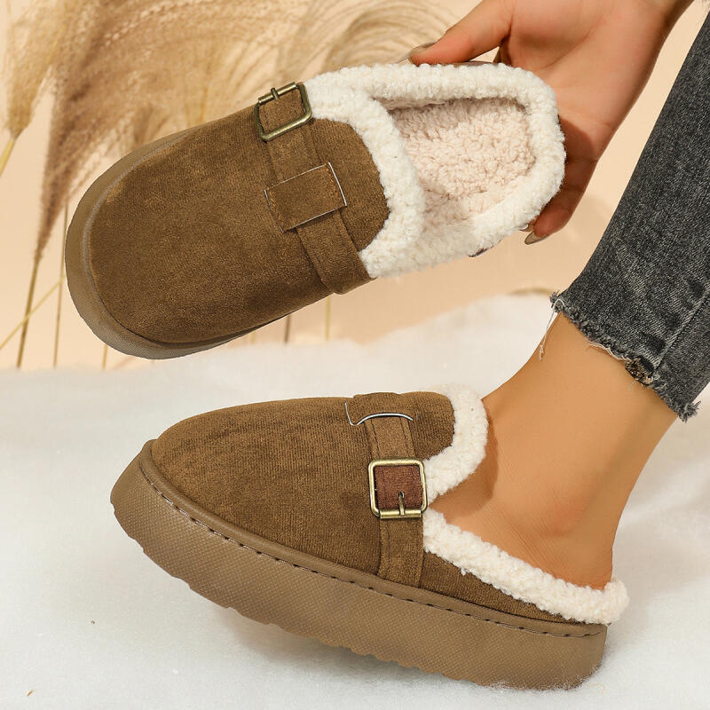 Fashion Warm Short Plush Mules Slippers Women 2025 Winter Soft Thick Bottom Fluffy Fur Casual Shoes Metal Buckle Corduroy Home Slippers