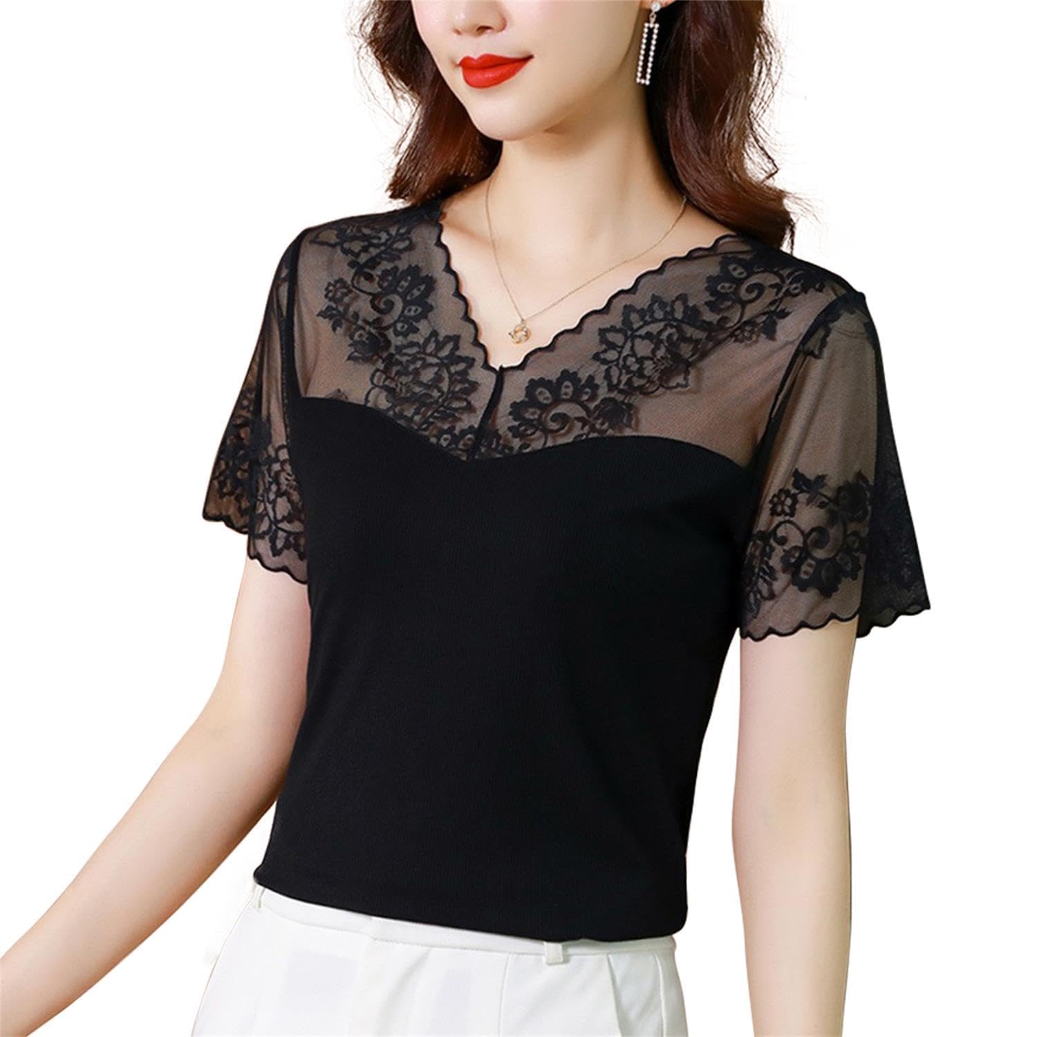 

Топы из вышитого кружева с коротким рукавом и повседневным летним пуловером [SYitong] Женские, Черный, Лето, Блузка, Сшитые, Стройнящие,