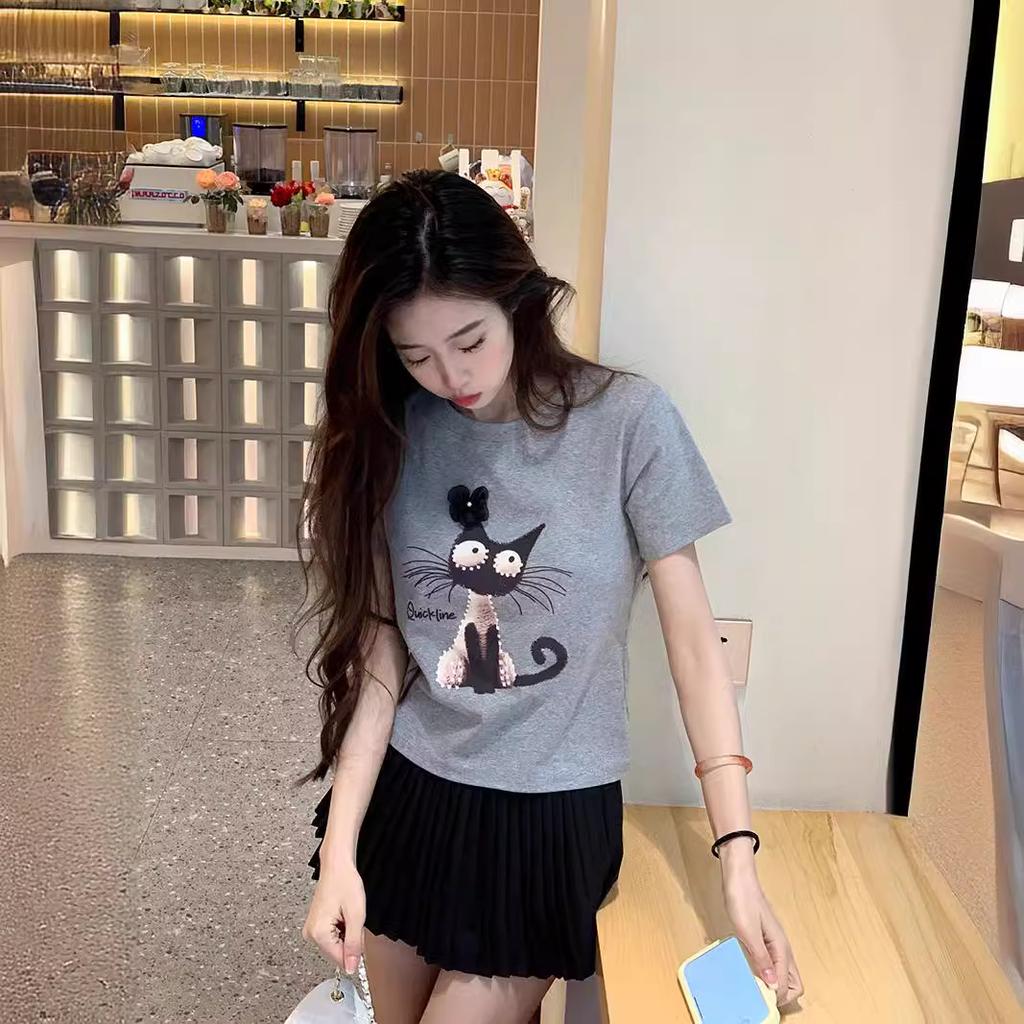 Women Summer Short Sleeve O Neck Cat Printed Slim Fit T Shirt Top