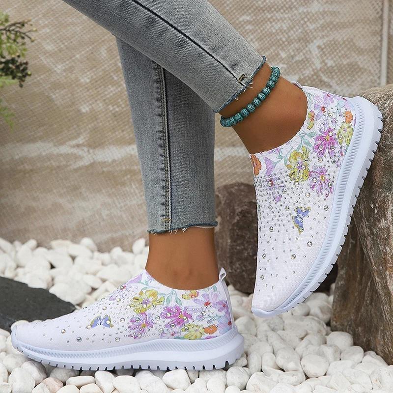 Fashion Fashion Floral Print Platform Sneakers Women Rhinestone Decor Lightweight Walking Shoes Woman Breathable Knit White Sports Shoes