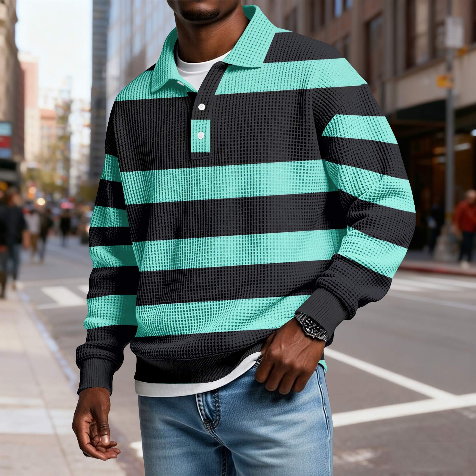 

Men s Casual Loose-fitting Top Button-down Collar Long Sleeves XL ціан