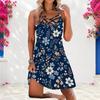 Women Plus Size Criss Cross Strappy Sleeveless Floral Printed Navy Blue Curved Hem Dress