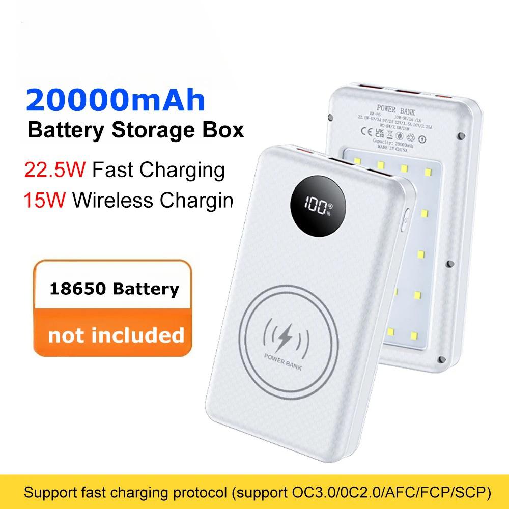 37,5W Rychlé Nabíjení Bateriový Box 22,5W Kabelové + 15W Bezdrátové 20000mAh 6x18650 Externí Pouzdro Power Banky Úložný Box pro Nabíjení Baterií