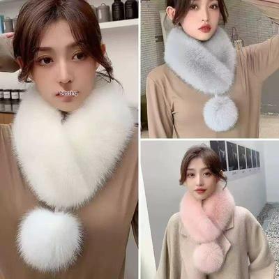 Double-Sided Faux Fox Fur Wool Scarf with Big Fur Ball - Korean Style Winter Neck Warmer for Women