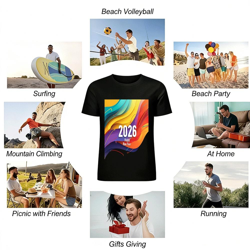 2026 Happy New Year Color Gradient Trendy Casual Printed Top Pure Cotton T-shirt