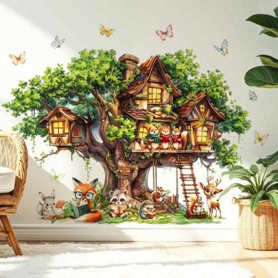 Tree House Animal Wall Sticker Self-adhesive Waterproof PVC Spring Forest Treehouse Sticker Home Office Living Room Bedroom Wall Decoration Decal