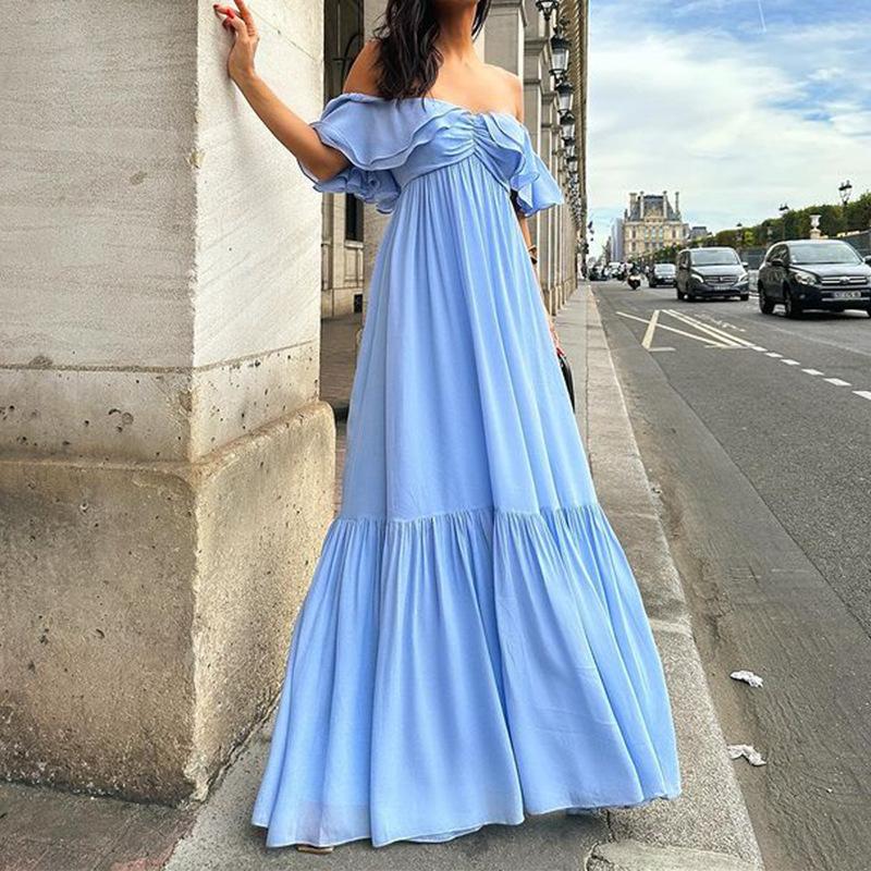 Summer new women s elegant solid color off-shoulder strapless midi dress S