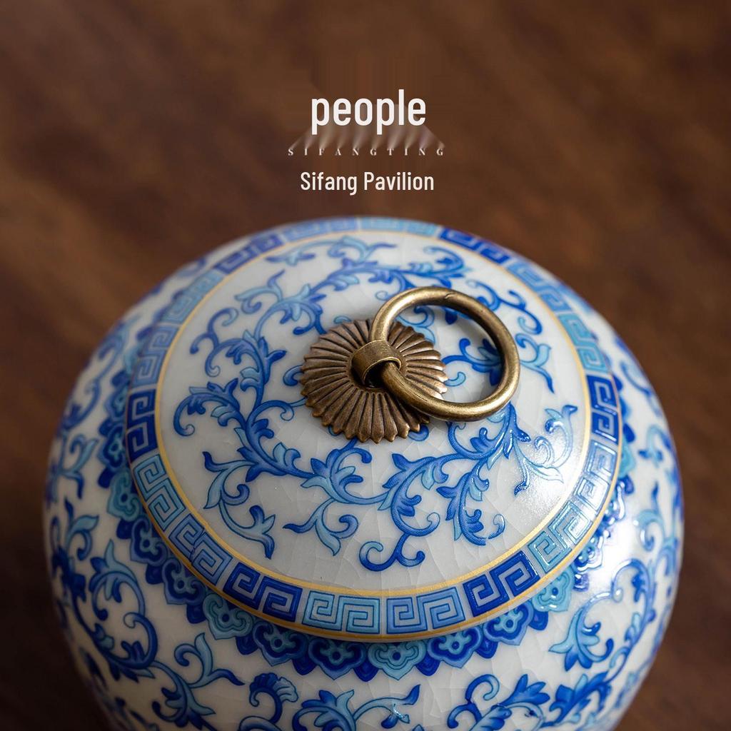 Ru Ware Blue & White Ceramic Tea Caddy: Moisture-Proof Chinese Style Sealed Storage for High-Grade Green, White, and Pu'er Tea.