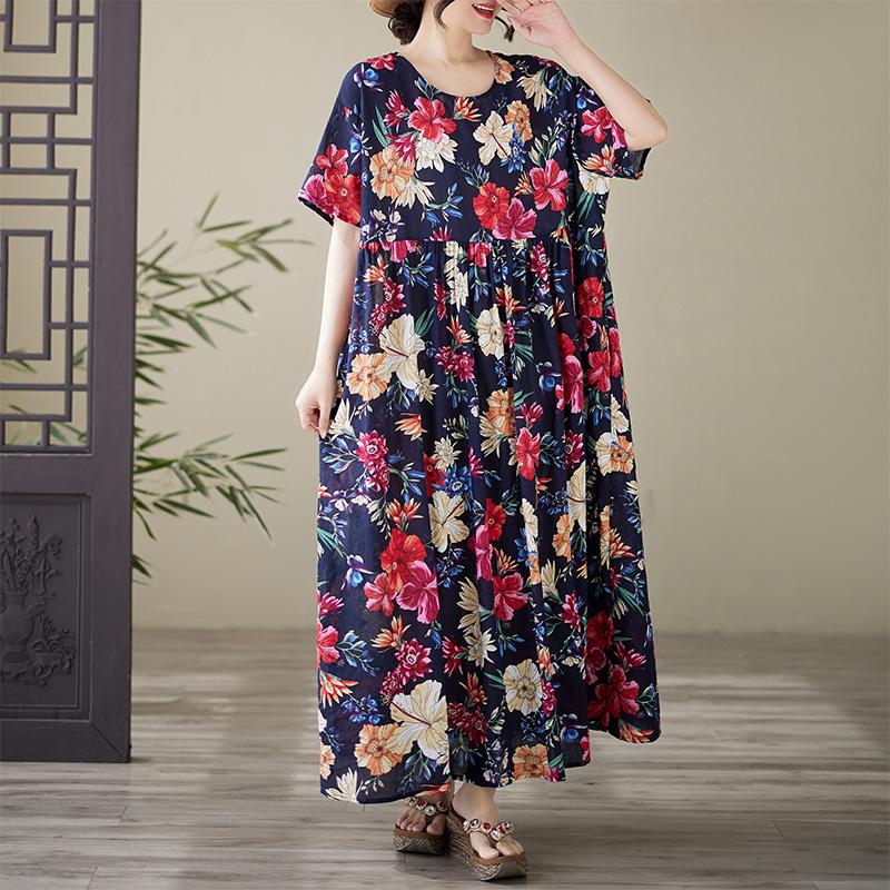

Dimanaf 2025 Летнее платье больших размеров для женщин, повседневное, длинное, свободное, с цветочным принтом, в винтажном стиле, с круглым вырезом, новое платье One Size темно-синий