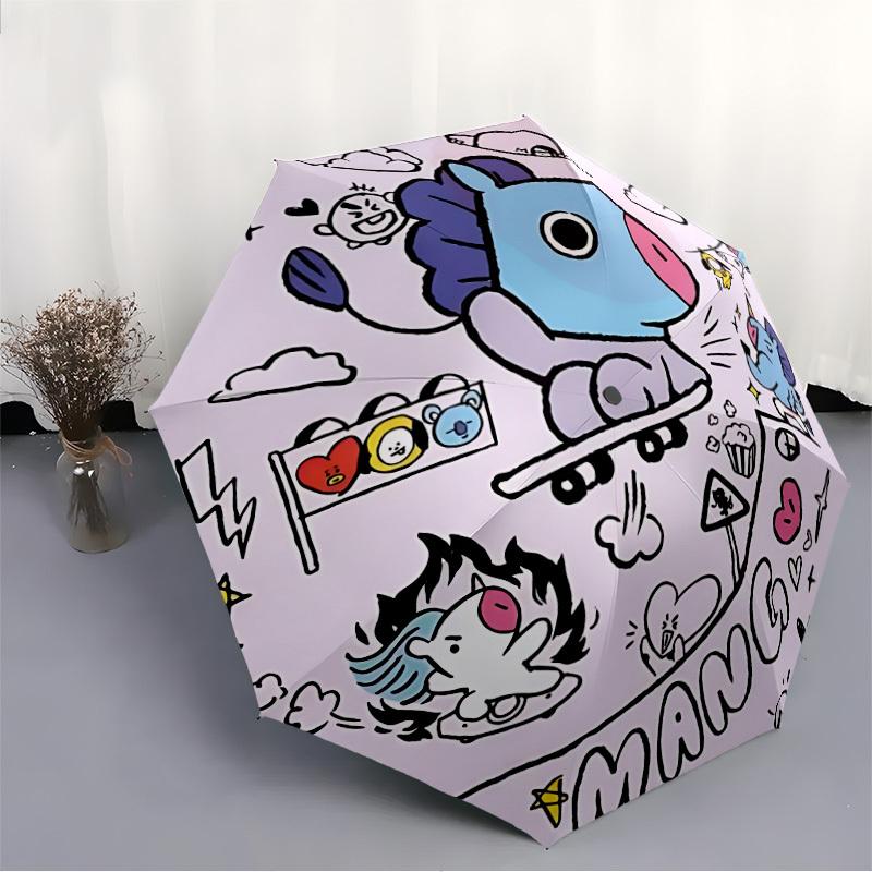 1pc BT21 Characters Automatic Folding Cute Umbrella - Compact 8-Rib Design, Durable Plastic & Iron, Perfect Gift for Friends & Family, Outdoor Umbrell
