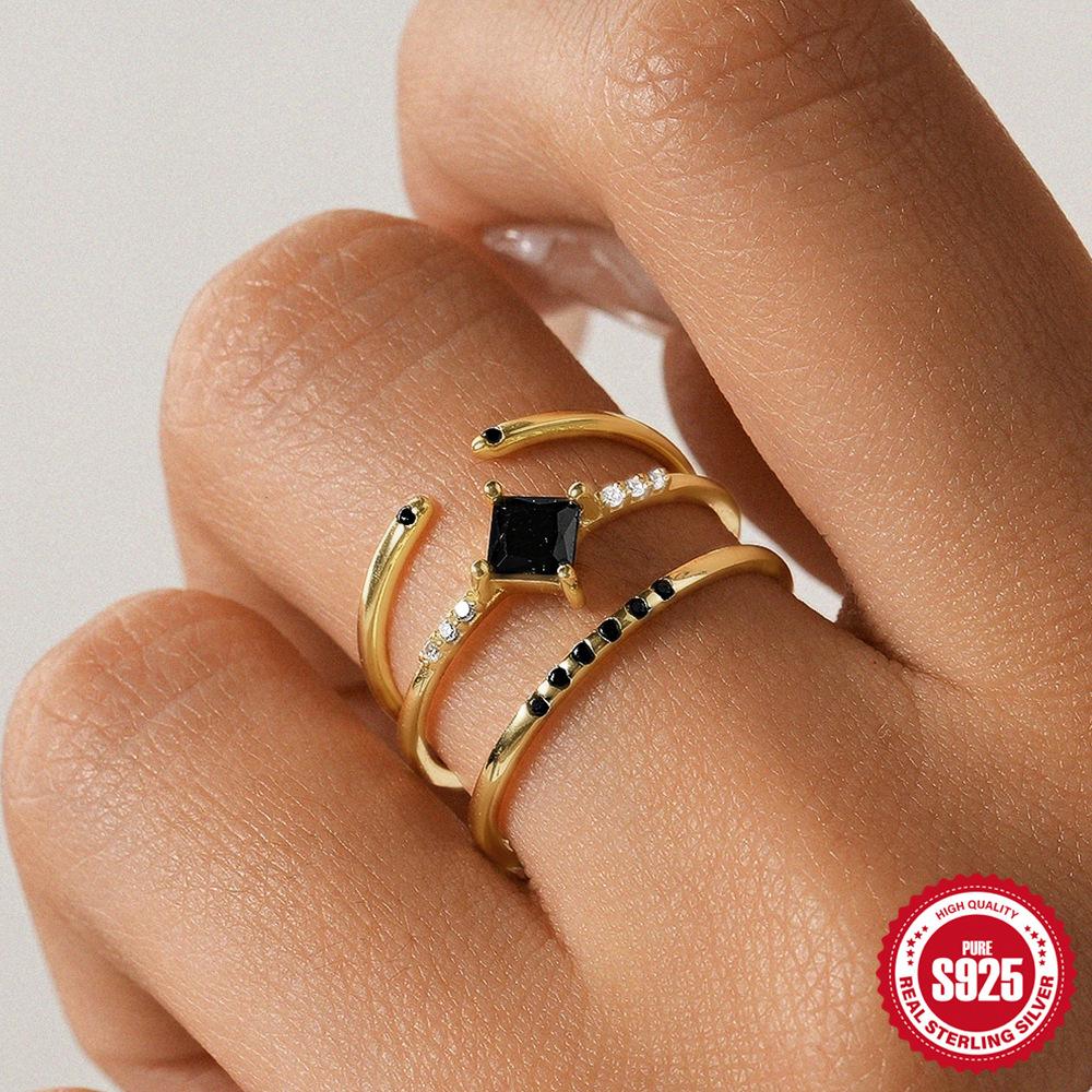 S925 Sterling Silver Three-Piece Set With Black Diamonds, Dark Women'S Fashion Geometric Zircon Stacked Ring Ring