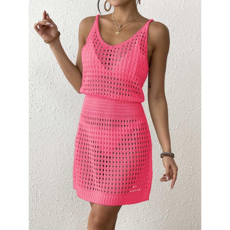 Rochie Sexy Tricotată Transparentă cu Bretele pentru Femei, Talie Subțire, Decolteu în V, Decupată, de Vară, pentru Bikini, Exterior, Rochie Scurtă de Plajă, Largă, Casual, fără Mâneci