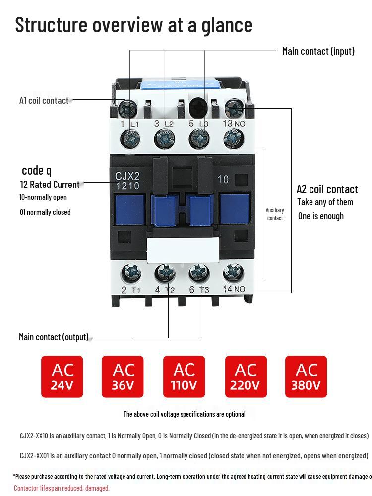 AC Contactor CJX2 Series: 1210, 0910, 1810, 2510, 3210 - Single-phase 220V, Three-phase 380V, 12A