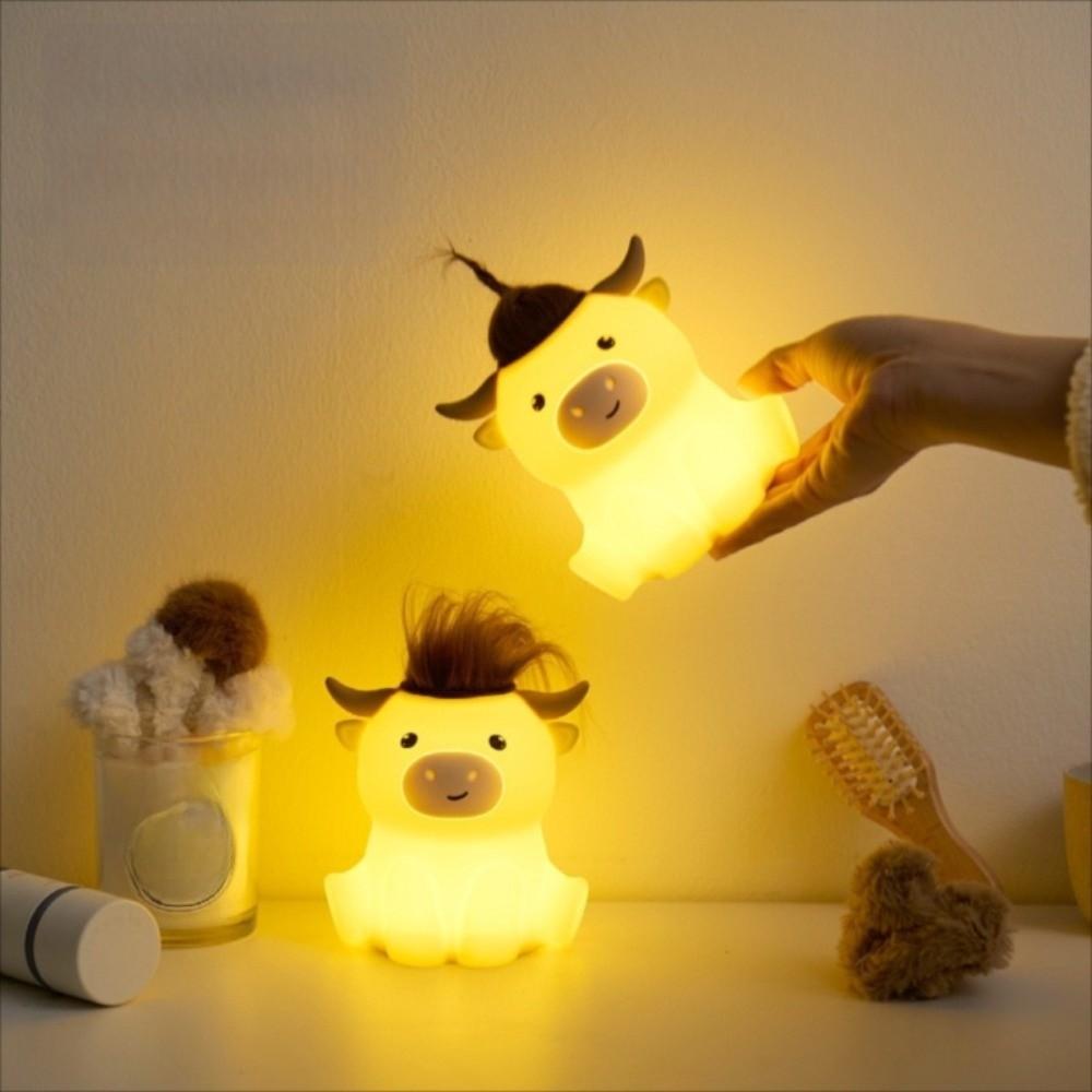 Cartoon Novelty Highland Cow Night Light Dimmable Timing Rechargeable LED Lamp Squishy Cute Bedside Nightlight for Breastfeeding