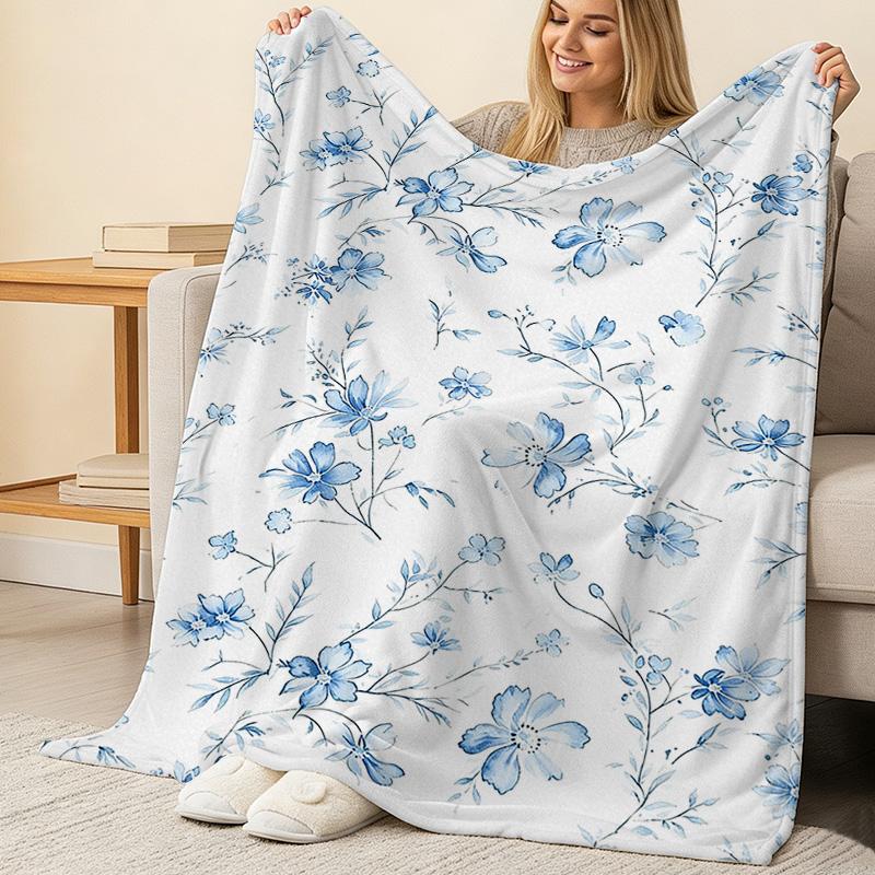Fluffy Floral Flannel Blanket Light Blue Soft Short Plush Throw, Cozy Warm Single Person Bedding, Bedroom Decor for Christmas & Halloween