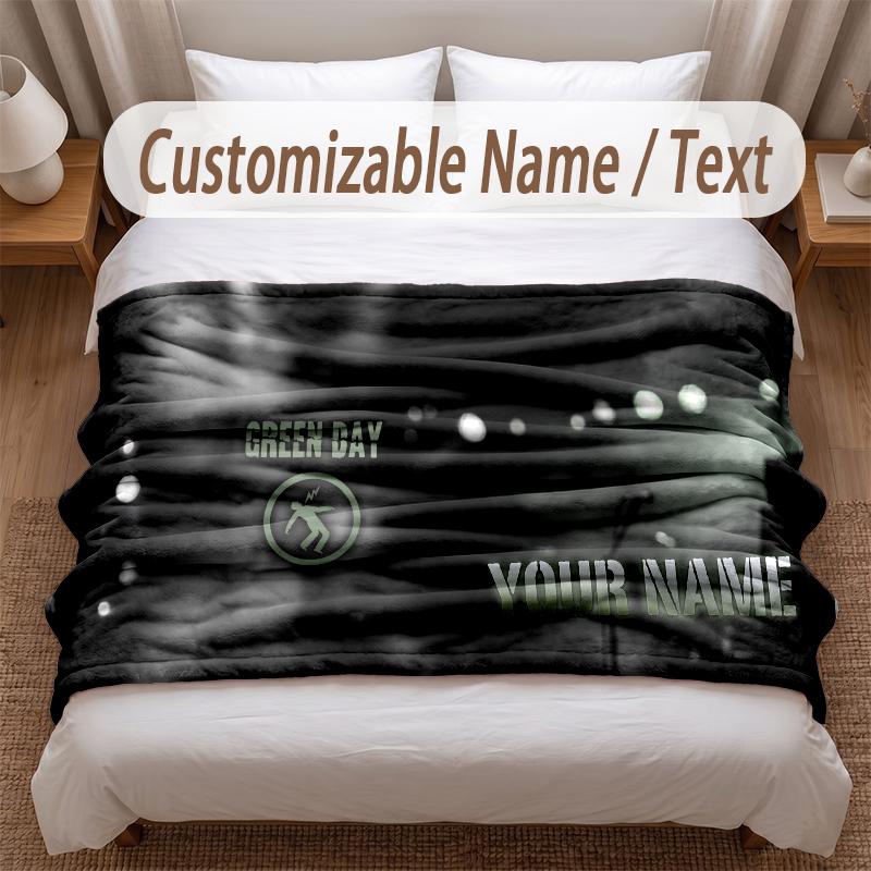 Green Day Printed Flannel Blanket Custom Name Text Soft Warm Throw For Bedroom Holiday Gift