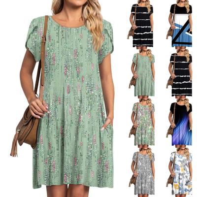 Robes d'été à manches courtes pour femmes, décontractée, ample, col rond, balançoire, confortable, robe de plage avec poches