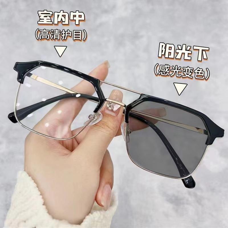

Photosensitive Color-Changing Myopia Glasses Men S Anti-Blue Ultraviolet Handsome Double-Beam Flat Glasses Frame Women S Color changes 50 degrees