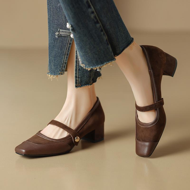 2024 New Women Shoes High-heel Concise Square Toe Buckle Strap Genuine Leather Soft Comfortable Shoes Woman Casual Working Shoes