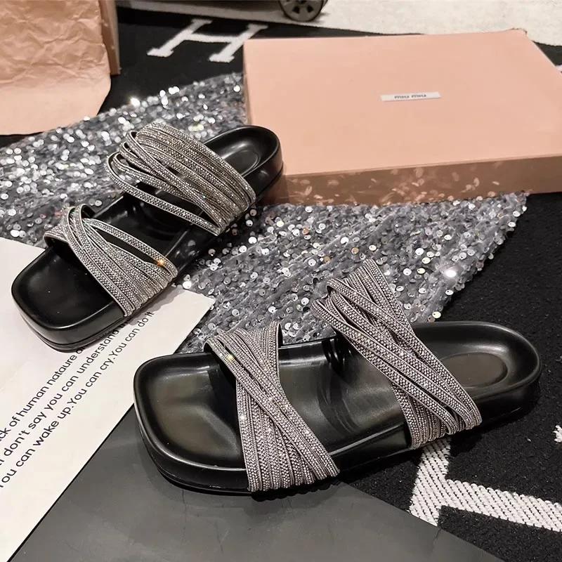 

Балетки Женские Тапочки Хрустальные Туфли Летние Повседневные Уютные Женские Сандалии 2025 Пляжные Шлепанцы Платье Для Ходьбы Mujer Zapatos 40 чёрный