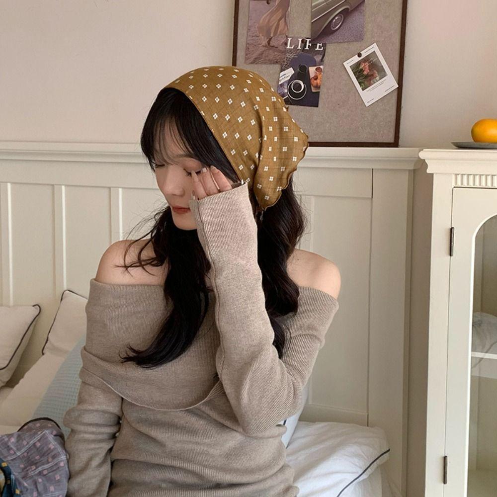 Cotton Pastoral Style Headscarf Turban Triangular Hair Band Sweet Lattice Headscarf  Summer