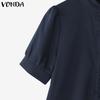 VONDA Women Ruffled Stand Neck Short Sleeve Buttons Up Casual Blouse