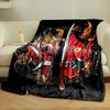 Fiery red demon masks split by swords, surrounded by ornate golden designs. for all seasons blanket lunch break throw gift