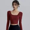 Women's Long Sleeve Yoga Top with Chest Pads - V-Neck, Stylish Back, Breathable, Comfortable, Ideal As Outerwear for Summer Sports.