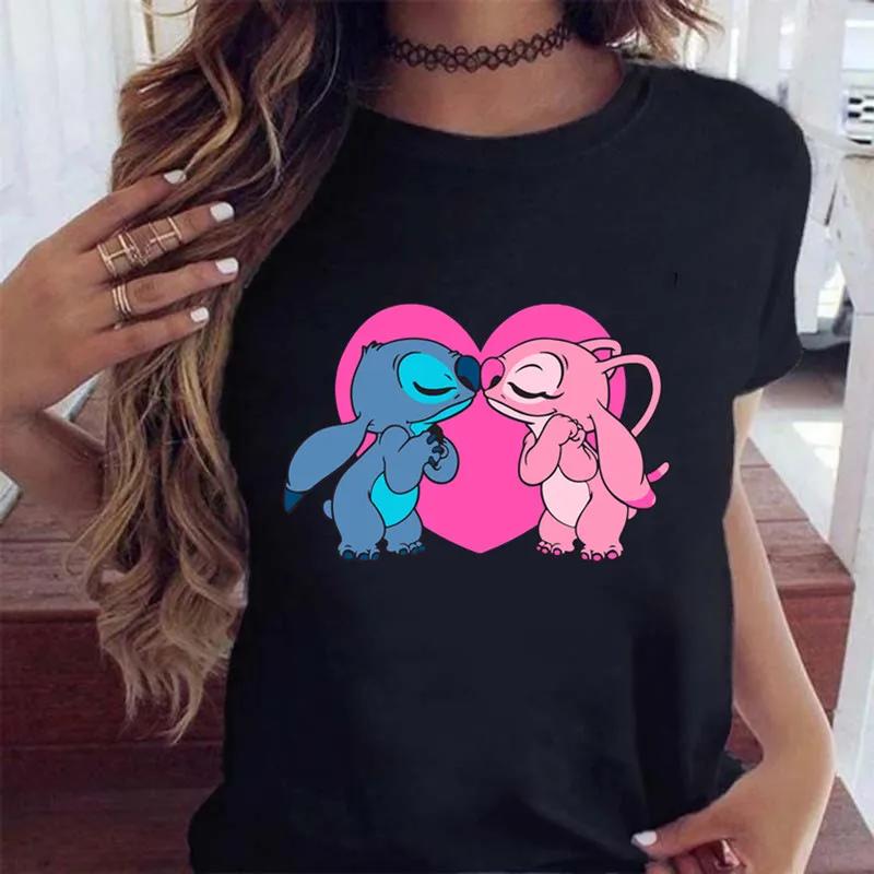 New Fashion FeUnisex Clothing Cartoon Disney Stitch Womens Tshirt Summer Short Sleeve Black Tops