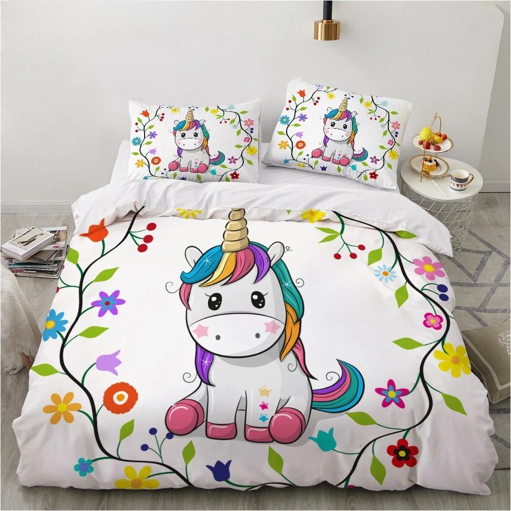 

Children Kids Baby Pink Bedding Set Queen King Cartoon Unicorn White Duvet Cover Twin Full Colorful 2/3pcs Polyester Quilt Cover 70x133cm 2pcs